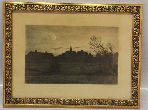Evening mood - Etching by Carl Locher 1851-1915 Measures ca 24.5 x 32 cm including original golden frame
