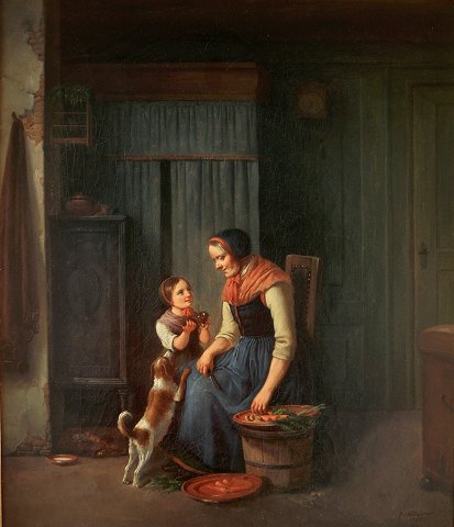 "Interior with grandmother and grandson" Oil on canvas, the painting has been exhibited at Charlottenborg.