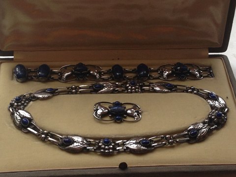 Georg Jensen Sterling Silver Jewelry set. Necklace No 1, Bracelet No 34 and Brooch 236A with Lapis Lazuli
