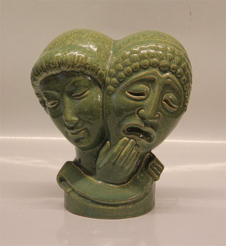 Ej blot til lyst! Svend Lindhart Buste med masker Grøn glasur 23 x 21 cm Melpomene