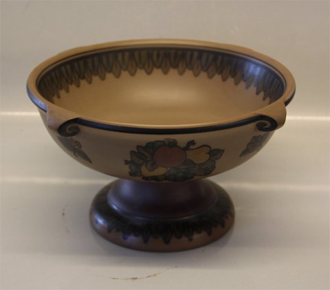 Bornholm Art Pottery, L.Hjort 103 Large footed brown bowl with fruit decoration 16 x 27 cm