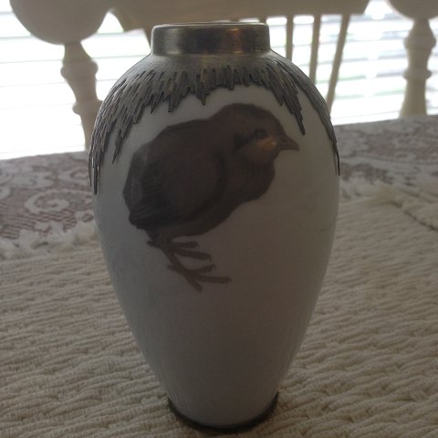 Royal Copenhagen Art Nouveau Silver Mounted Vase motif of a Chick and Iris from 1904