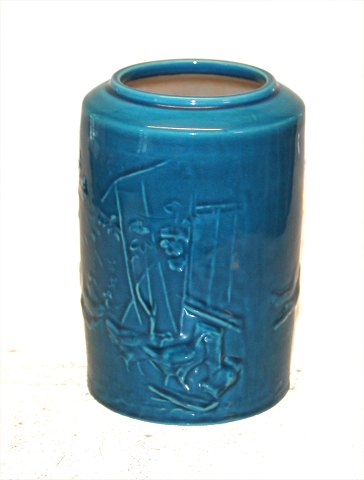 Dansk Stentøj - porcelæn  B&G 19-191 Turkis glaseret vase med høns 15.5 cm Mogens Bøggild Signeret MB