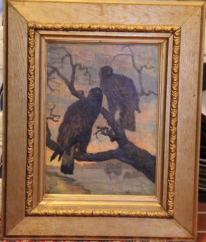 Maleri Rovfugle på gren Oliemaleri på Lærred ca 60 x 49 cm inklusiv original guldramme Vilhelm Th. Fischer 1857 - 1928