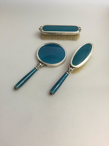 Georg Jensen Brushes and Mirror No 4000 in Sterling Silver and Porcelain designed by Harald Nielsen