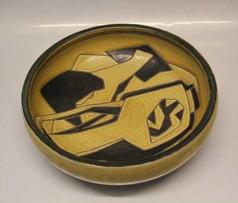Royal Copenhagen Art Pottery RC Unique Yellow glazed Jorgen Mogensen Bowl 8 x 25 cm Abstract decoration Signed JM