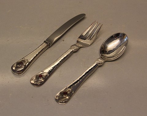 Georg Jensen 75th anniversary 1904-1979 Knif, Spoon and fork 15 cm Sterling Silver with Carneol stone