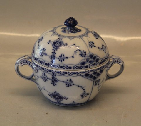 Blue Fluted Danish Porcelain half lace 691-1 Sugar bowl with lid and handles ca 10 x 13 cm