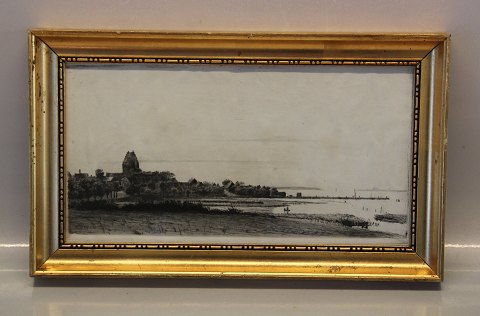 Peter Ilsted Etching Landscape with fjord and church ca 32 x 18.5 cm including frame PI 1899