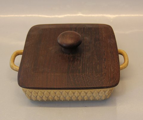 Fad med teaktræ låg box 17 x 20 cm Bing & Grøndahl Relief Quistgaard for B&G / Nissen Kronjyden Stoneware