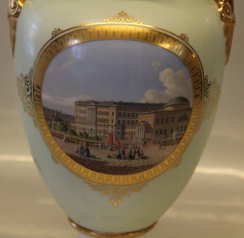 Royal Copenhagen Golden Age Painting on porcelain: Ca 1850 The Church of Christiansborg Castle - The parliament of Denmark before the fire. Vase 26 cm