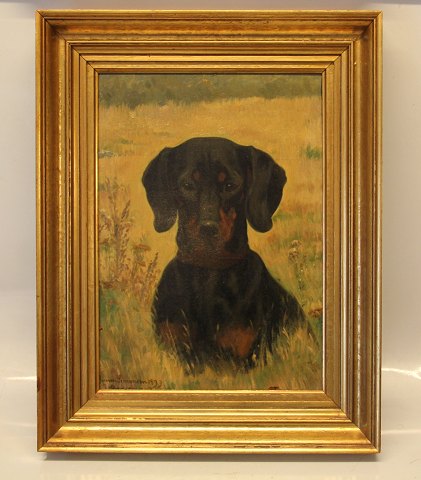 Simon Simonsen "Gravmand"  45.5 x 35.5 cm inklusiv original guldramme - Olie på lærred Gravhundebilled  malet på strandgården 1899