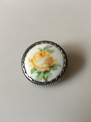 Royal Copenhagen Porcelain Button in Silver Mounting with Yellow Rose Decoration.