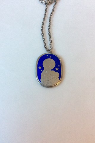 Georg Jensen Sterling sølv vedhæng og kæde med blå emalje motiv af Maria og Jesus No 103B