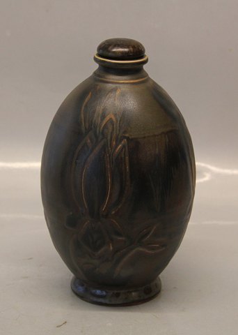 B&G Art Pottery B&G 1704 Lidded Vase with flower pattern in relief Brown Glaze 21 cm  Cathinka Olsen Signed CO