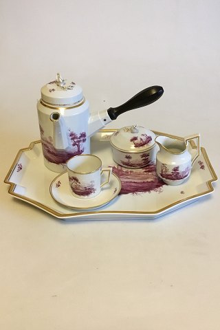 Royal Copenhagen Tete á Tete Coffee Set with Dark Rose decoration in overglaze. Consists of: Tray, Coffee Pot, Creamer, Sugar Bowl and a Coffee Cup