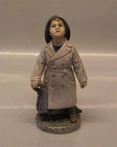 Royal Copenhagen figurine 3556 RC Boy in raincoat 18 cm with umbrellaRare Green art nouveau Version