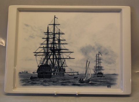 1495-PF75 Tray - Navy Trankebar faience 44 x 31 cm Tallships - outside Kronborg - Elsingnore  Castle Aluminia Faience Tranquebar