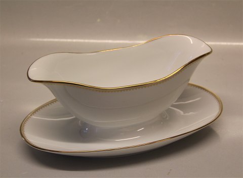 B&G Menuet: Hvidt porcelæn, takket guldkant, hvid, form 601 Bing & Grøndahl 008 Sovseskål på fod 20 cm (311)