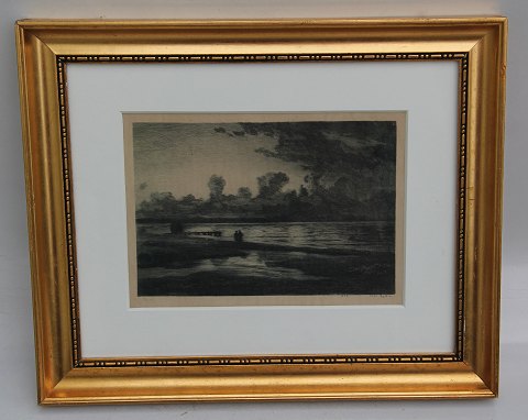 Etching: Carl Locher 1898 Evening Mood at the Seaside 29.5 x 25.7 cm including frame