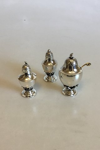 Georg Jensen Sterling Silver Salt and Pepper Shakers and Mustard Jar with gilded spoon No 235