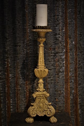Antique French altar candlestick in carved wood with a super fine patinaH:62cm.
