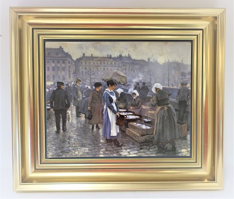 Bing & Grøndahl. Porcelæn maleri. Motiv af Paul Fischer. Fiskerkonerne på Gammel Strand.  Størrelse inclusiv ramme, 42*36 cm. Produceret 1750 styk. Dette har nummer 953.