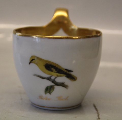 Kongelig Dansk Antik højhankskop med fugl : Bülow Pirol 9 x 9.50 cm & underkop 17 cm ca 1790-1850