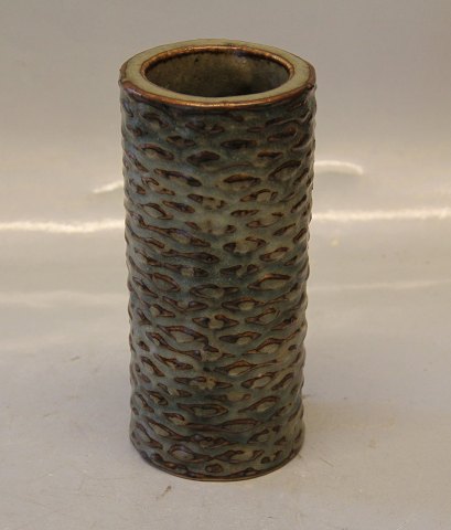 Royal Copenhagen Art Pottery Salto vase cylindric with relief 17 x 8 cm green brown glazw # 20565. 