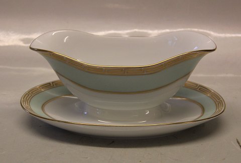 Marstrand B&G porcelæn  Hvidt porcelæn, antik græsk kantet guldbort på grøn kant 008 Sovseskål på fod 20 cm (311)