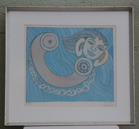 Hnery heerup Litografi 1987 Telefondame? 48 x 52 cm inklusiv sølvramme Nummereret