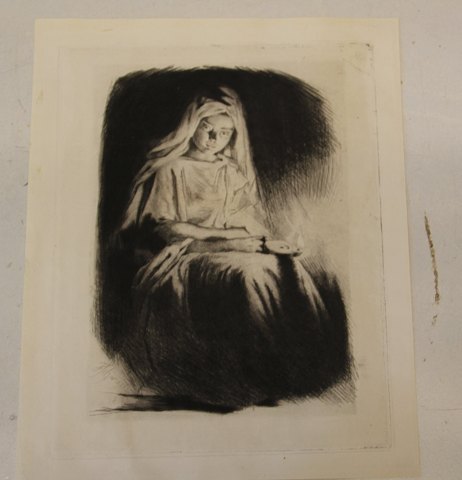 Frans Schwartz 1850-1917, Painter and etchings # 62 1898 The woman with the lamp. Plate measurement 23 x 18 cm
