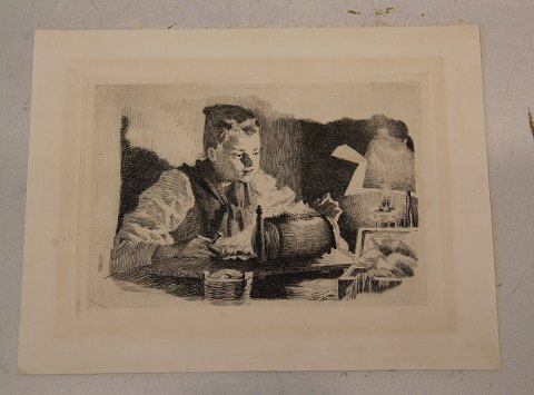 Frans Schwartz 1850-1917, Painter and etchings # 84 1899 Test Plate ”Knitting in the lamp light” Edition of 4 printed and the plate has been destroyed. Measurement 18 x 12.5 cm