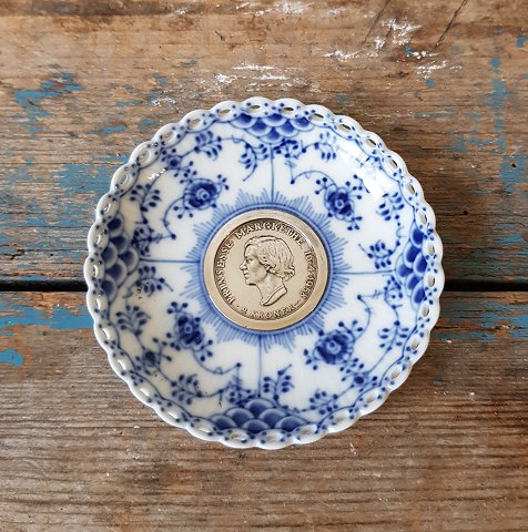 Royal Copenhagen Blue Fluted Full Lace Cuff with Silver Coin - Princess Margrethe 18th Birthday 16 April 1958.No. 1009