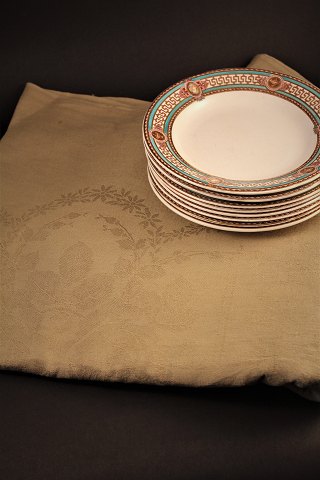 Smuk gammel Fransk damask vævet linned dug i fin okker farve.252x135cm.