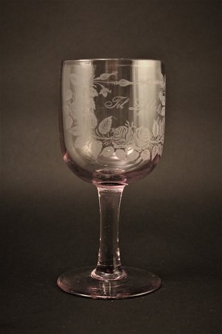 Old commemorative glass from Holmegaard glassworks with fine engraved floral decorations and writing "Congratulations"