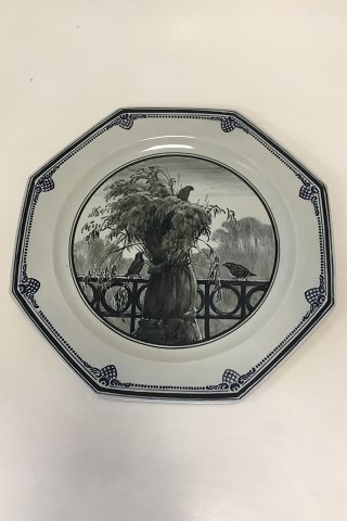 Unique Royal Copenhagen octagonal dish of porcelain, decorated in underglaze blue with birds in Sheaf