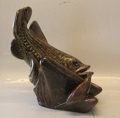 Unika Kgl. Fiskeskulptur 34 x 31 x 27 cm Jørgen Mogensen dilou glasur præ 1964 Kongelig Dansk Stentøj