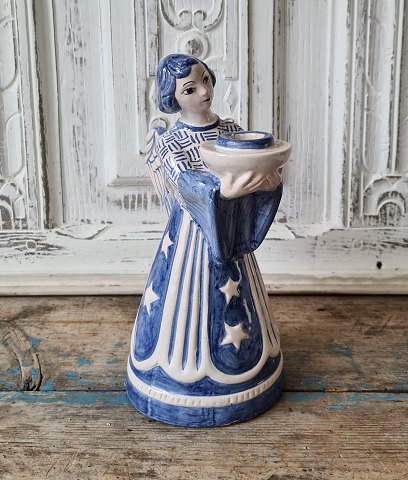 Hjorth candlestick for chandelier in the form of a large angel in blue and white glaze 23 cm.