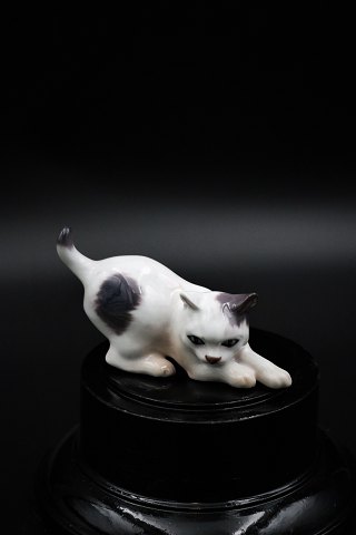 Small porcelain cat from Dahl Jensen.DJ# 1013. 1.sort.H:6,5cm. L:12cm.