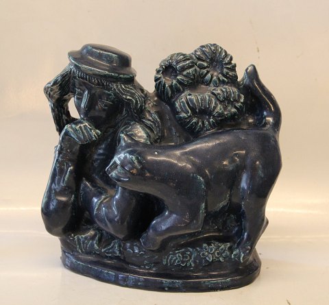 Blue Glazed Girl with cat 26 x 27 cm Helge Christoffersen Royal Copenhagen Art Pottery
