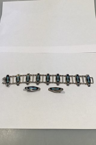John Rørvig Sterling Sølv Emalje Armbånd og Øreklips