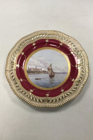 Royal Copenhagen Flora Danica Pattern Plate decorated with motif with ships and Kronborg