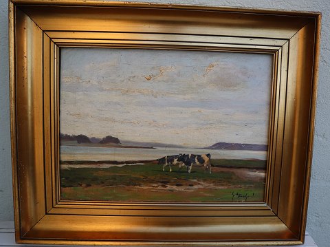 Gunnar Bundgaard Maleri: Græssende køer ved Mariagerfjord 52 x 65 cm inklusiv original ramme