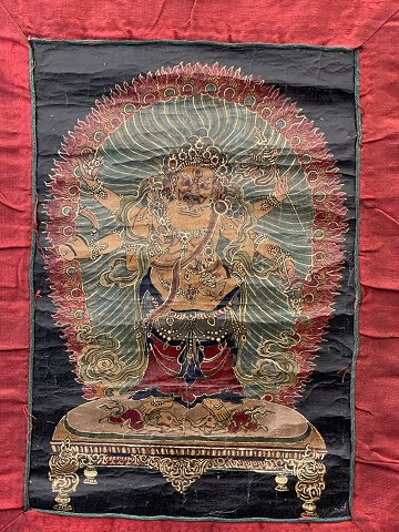 Asiatisk, Buddhistisk Thangka maleri, monteret i håndsyet klæde af bomuld og silke, 20. århundrede
