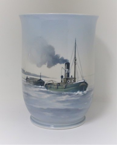Bing & Grondahl. Porcelain vase with motif of a tugboat. Model 8715/460. Height 21 cm. (2. quality)