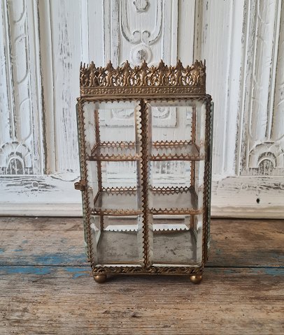 Rare large antique French glass and gilt metal jewelery box designed as a cupboard with three shelves