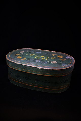 Antique Swedish 19th century oval wooden box with lid and fine original green painting...