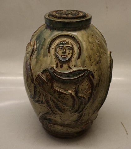 3301 RC Lidded vase 26 cm Jais Nielsen religious figures in relief Royal Copenhagen Art Pottery