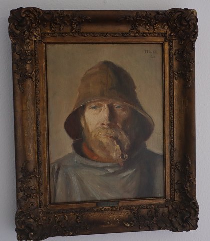 Michael Ancher 1920: Oil on wood. Sailor of Skagen with pipe. ca 33 x 34 cm Signeret MA 20